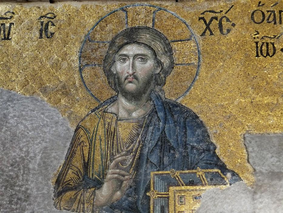 Colorful Deesis mosaic in the Hagia Sophia with signs, Ä°stanbul, Turkey