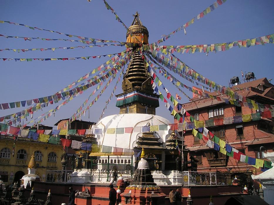 Beautiful stupa with colorful prayer flags in Nepal