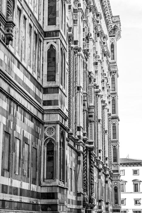 cattedrale di santa maria del fiore, detail of facade, black and white, italy, florence