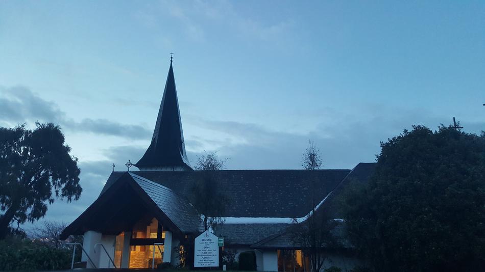 Beautiful Anglican Church, with the lights, among the trees, in New Zealand