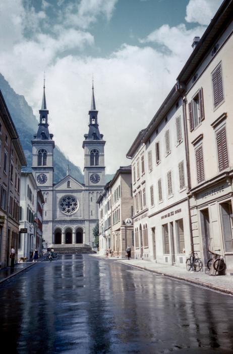 distant view of the cathedral with spiers at the end of the street