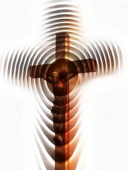 Wooden church with Jesus, with waves, at white background