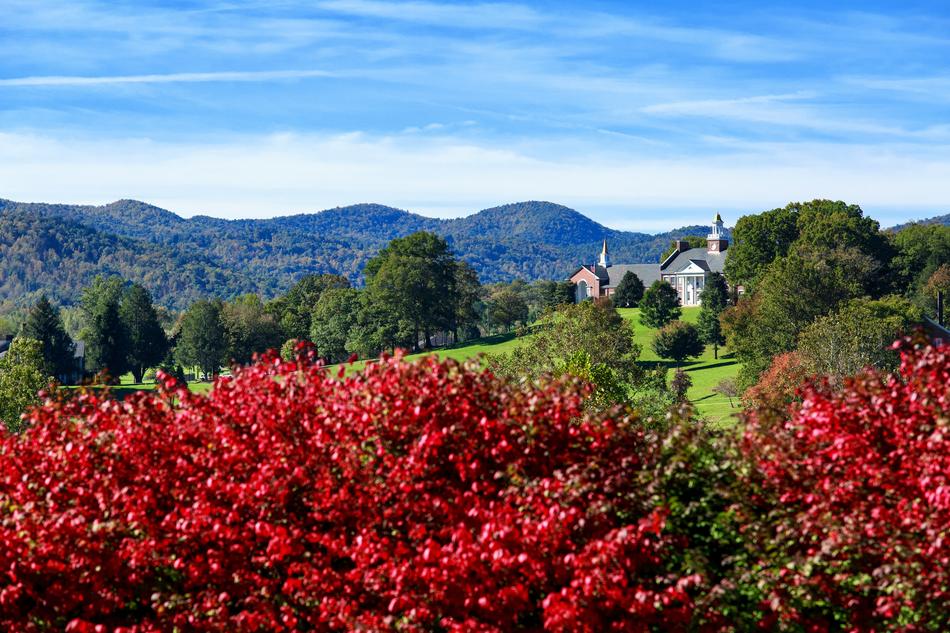 Landscape of Mountain Church and flowers