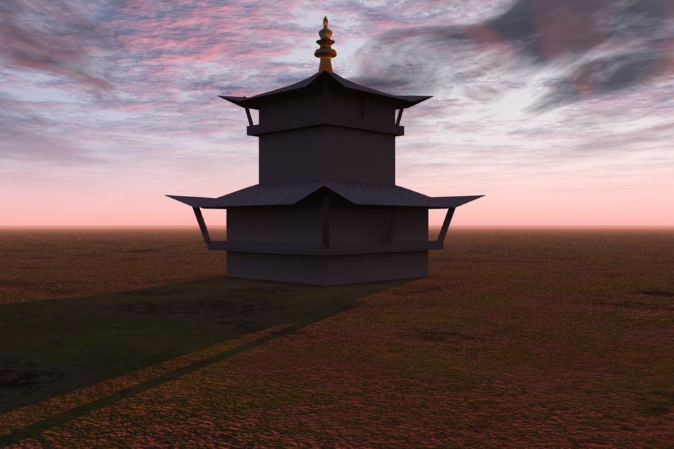chinese temple in the field at sunset
