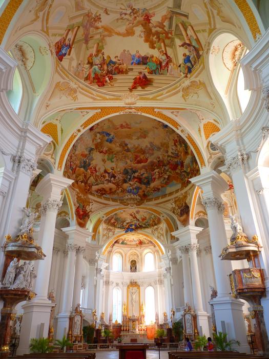 Beautiful and colorful monastery with the columns in Neresheim, Germany