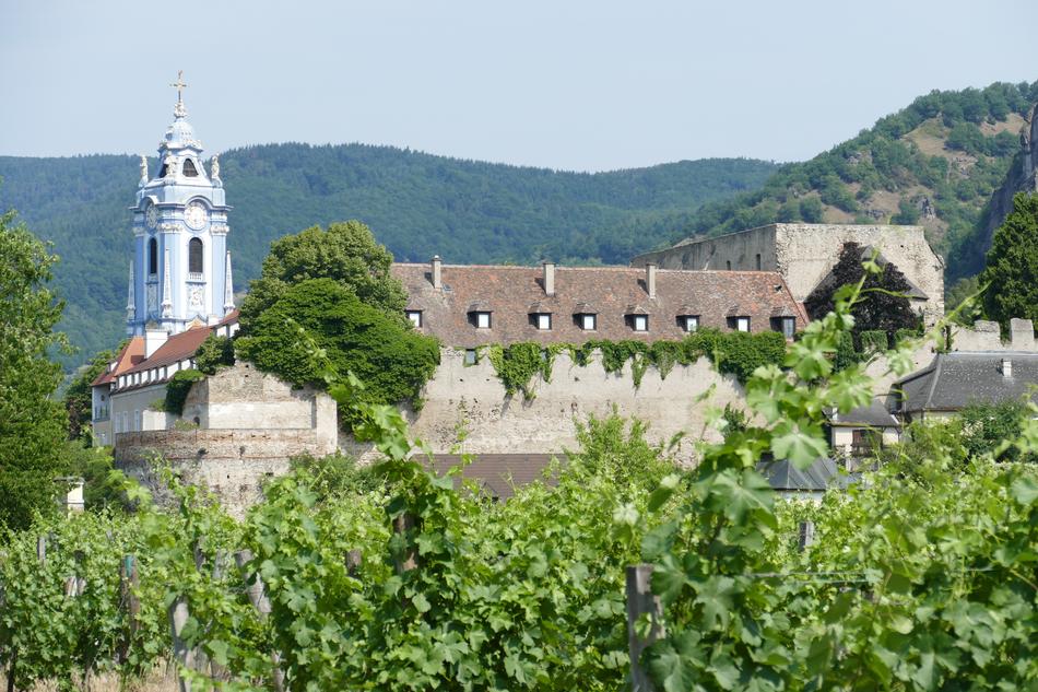 Beautiful architecture in green plants, in DÃ¼rnstein, Austria, on the mountains