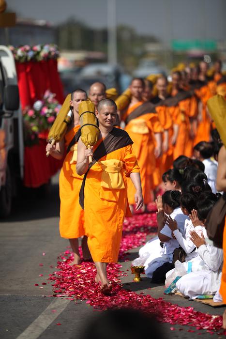 monks in yellow dresses are walking along the road