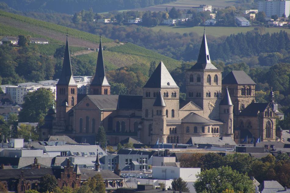 Beautiful and colorful buildings among the colorful plants, on the hills, in Trier, Germany