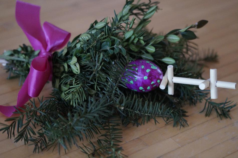 Close-up of the green plant with colorful decorations, on the Pal, Sunday, in Upper Swabia