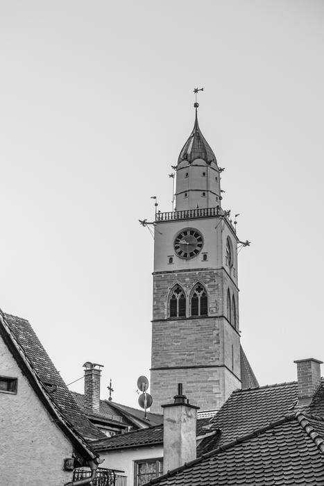 black and white photo of a church tower