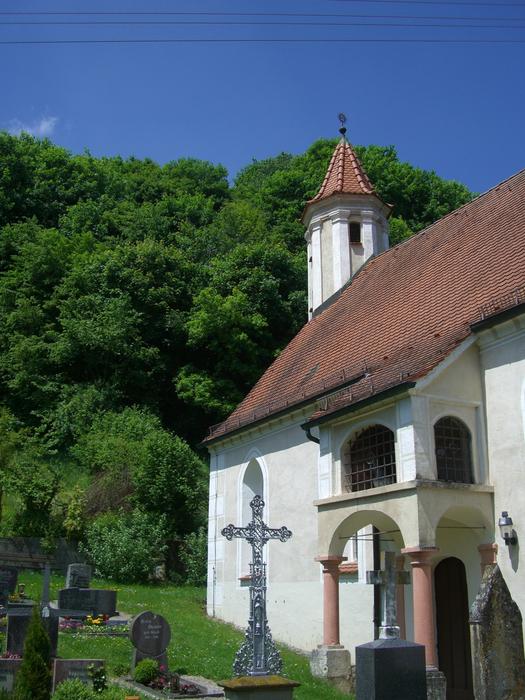 church with white walls near the forest against the sky