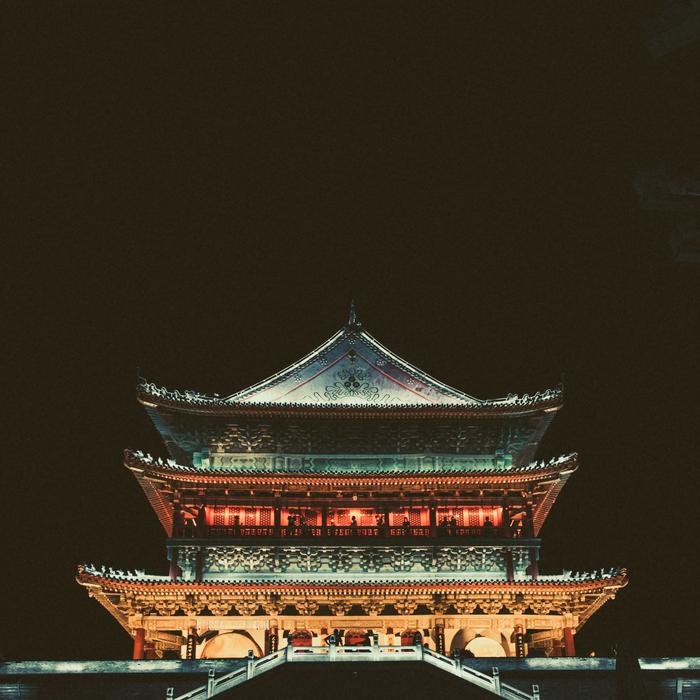 Beautiful and colorful temple with lights, at dark sky on background, at the night