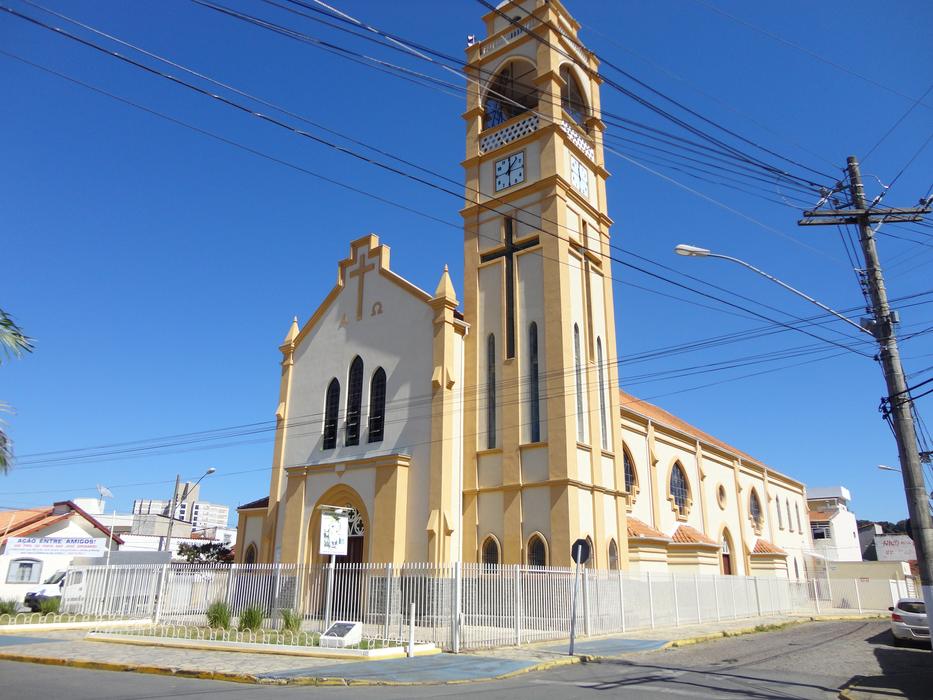 Colorful and beautiful church in ItajubÃ¡, Brazil, under the blue sky