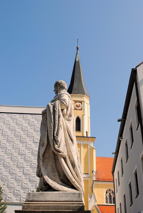 Beautiful and colorful architecture in sunlight, in Kelheim, Germany, under the blue sky