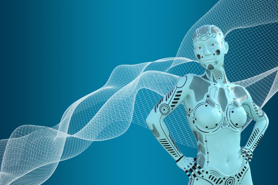robot with artificial intelligence on a blue background