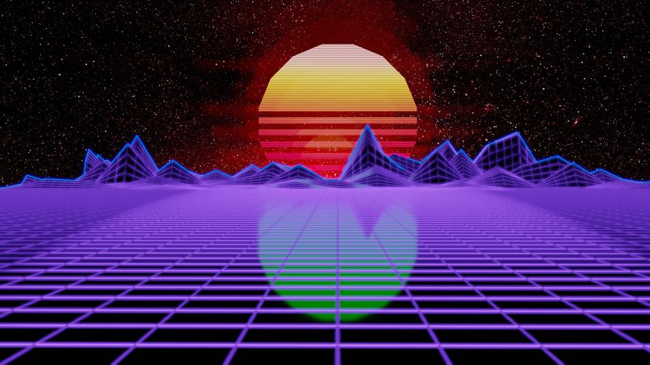 Beautiful and colorful landscape with mountains and planet, in synthwaves style