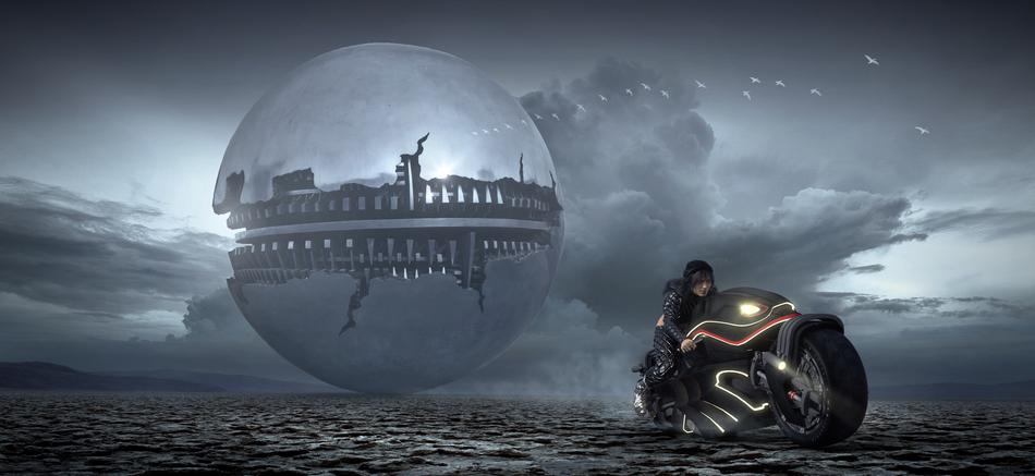 motorcycle in a mystical space landscape