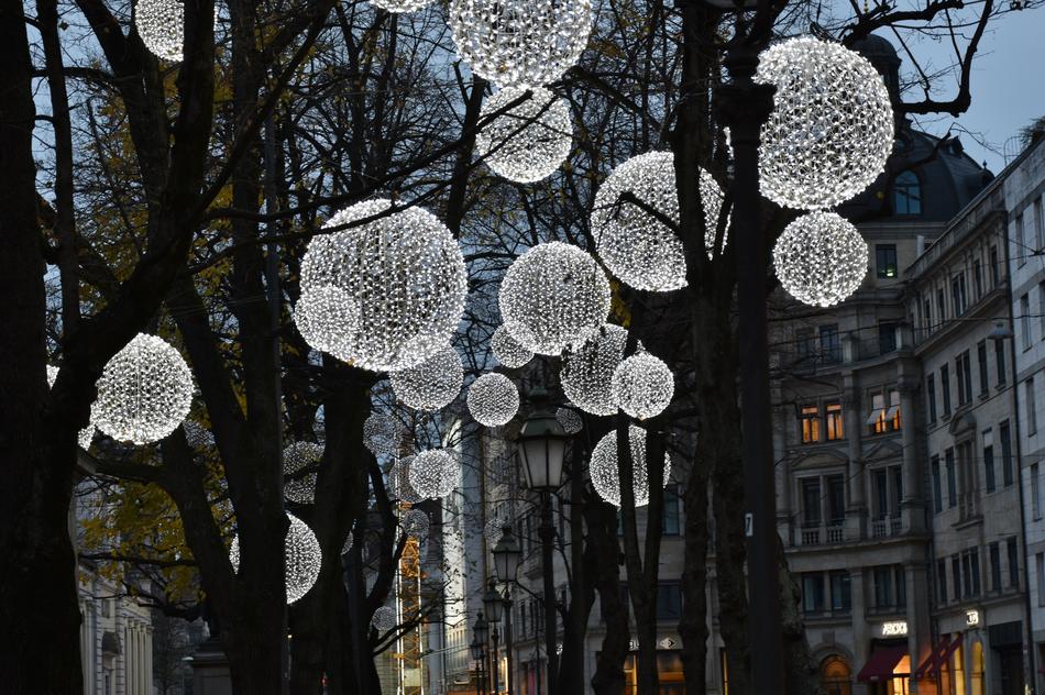 Beautiful, white lamps among the trees in the city in the evening