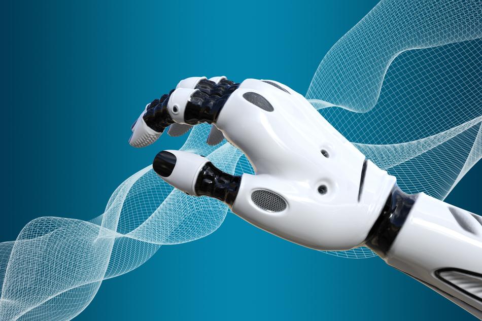 artificial hand on blue background