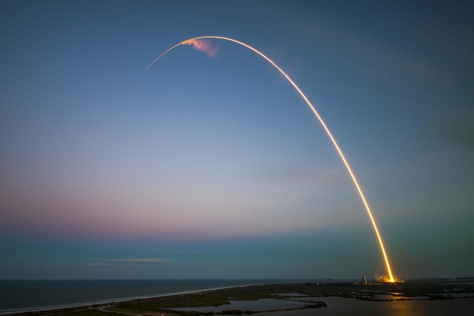 Ses 9 launch on the landscape, at colorful sky on background