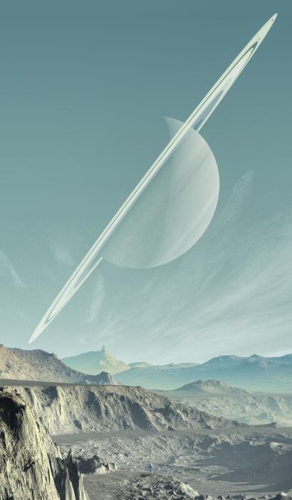 saturn in the sky over a mountain landscape