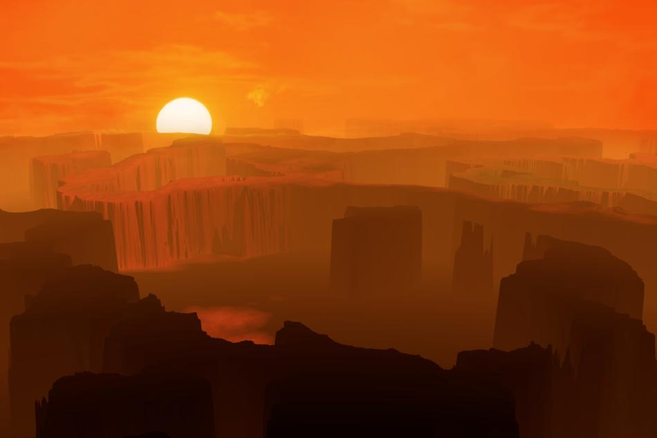 Landscape of Mars, in mist, with the rocks, at colorful sunset, clipart