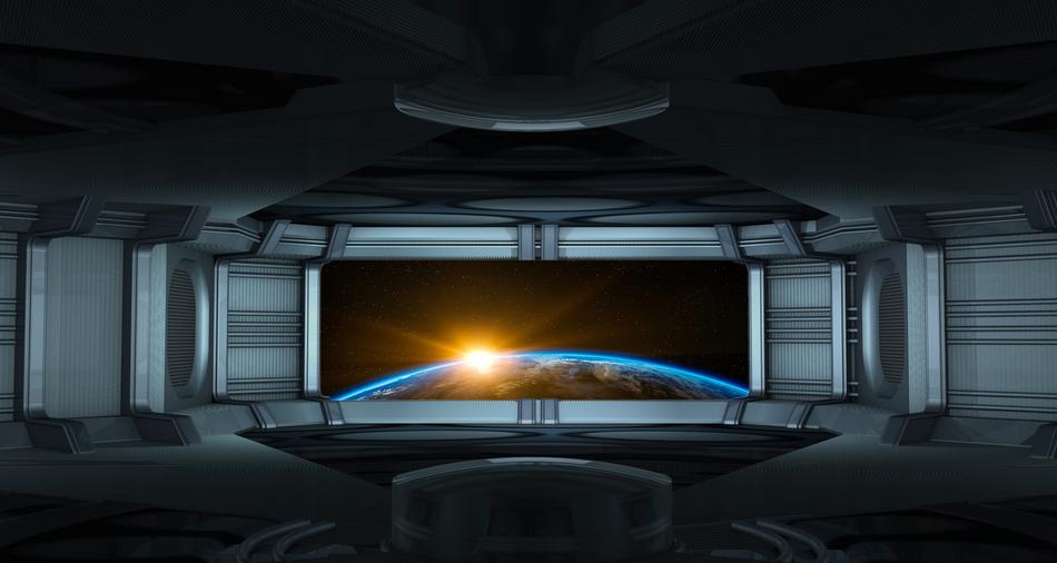 Beautiful view of the sunrise on the planet, through the window of the spaceship on clipart