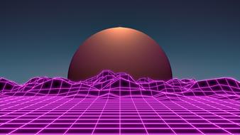 Beautiful, colorful, gradient planet behind the purple mountains