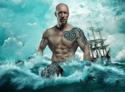 triton deity, giant bald man in stormy sea
