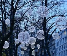 spherical christmas Lights on trees in city at Evening