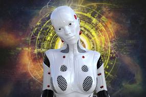 White, red and black robot, at colorful background