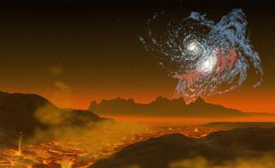 two galaxies bump together above burning planet, digital art