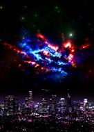 Science Fiction digital art, colorful lights in sky above night city
