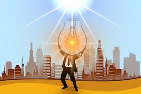 cartoon person holds light bulb beneath sun in front of city