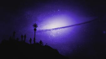 people on mountain summit looking at blue Galaxy in night sky, digital art, fantasy