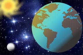 Colorful Earth, Moon and Sun in the space with blue, bright stars, on clipart