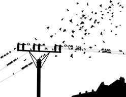 Black and white drawing of the birds on the pole