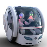 White robots with colorful lights, in the electric car, at white background, clipart