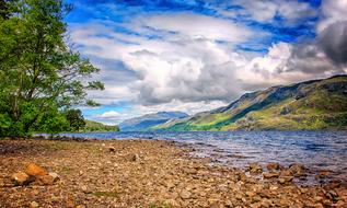 scenic summer Landscape with clear River at mountains, uk, Scotland Highlands