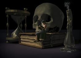 girl reading book, skull and hourglass