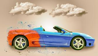 Beautiful, orange and blue Ferrari car, under the clouds, in light, clipart