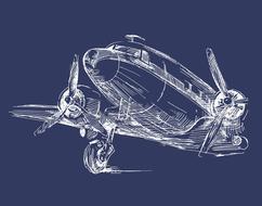 Beautiful, white illustration of the aircraft, at blue background, clipart