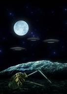 alien spaceships at full moon sky, science fiction, collage