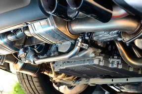 Porsche car exhaust system, bottom view