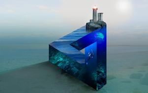 futuristic lighthouse on water