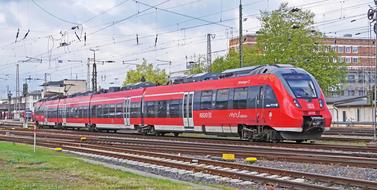 Red and grey electrical multiple unit, on the Moselle Valley Railway, in Germany