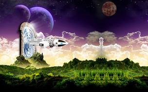 Fantasy digital art, Stargate Spaceship at green planet