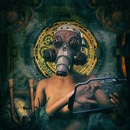 drawn man in a gas mask on the background of gears