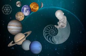 Birth of the human, among the colorful universe with the planets and stars, clipart