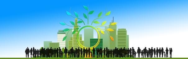 silhouette of a group of people on the background of a green city